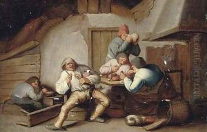 Peasants drinking at a table by Anthonie Victorijns