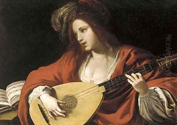 A lady in a red costume and plumed cap playing a lute - view 1