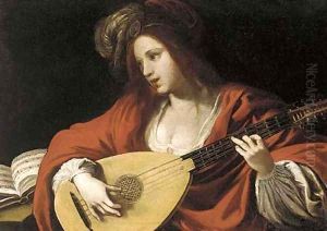 A lady in a red costume and plumed cap playing a lute