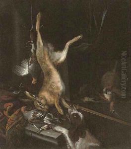 A game still life with a spaniel by Dirk Valkenburg