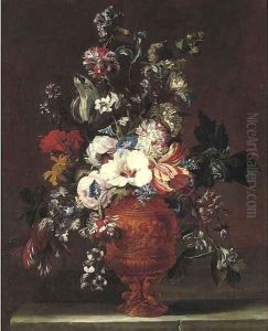Parrot tulips, roses, carnations, morning glory and other flowers in a sculpted urn by Nicolas Van Veerendael