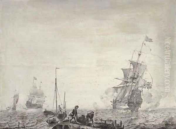 Men-o'-war and other vessels in a stiff breeze before a coast, young men carrying a basket in the foreground 'en grisaille' - view 1