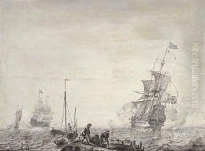 Men-o'-war and other vessels in a stiff breeze before a coast, young men carrying a basket in the foreground 'en grisaille' by Olfert De Vrij