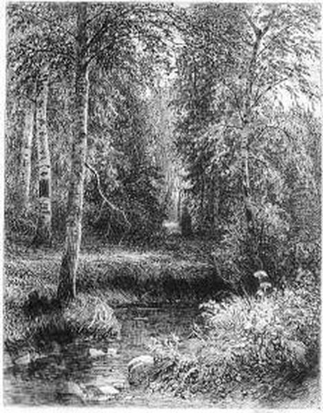 Waldlandschaft Mit Kleinem
Bachlauf. Radierung. 21,6 X 17 Cm. 1873. In Der Platte Signiert Und
Datiert. - view 1
