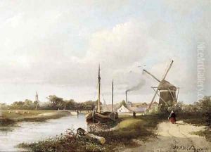 A view of a town by a river by Hendrik Frederik Verheggen