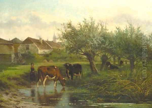 A cowherdess watering cows by willow trees - view 1