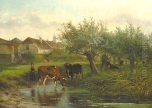 A cowherdess watering cows by willow trees
