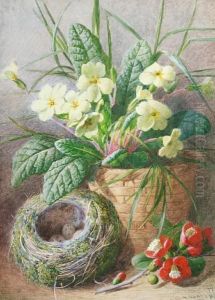 Primroses In A Vase Beside A Bird's Nest;roses In A Vase by Charles Henry Slater