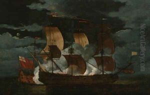 A naval engagement between a Dutch and British man'o-war by Willem Van De Velde