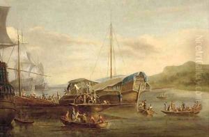 A Mediterranean galeasse and trading vessels unloading in an anchorage