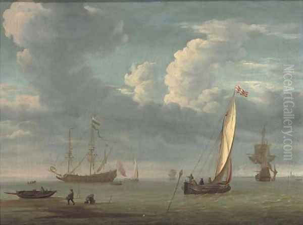 Fishermen collecting lobster pots with a fishing boat in calm waters, warships beyond - view 1