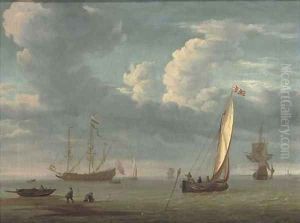 Fishermen collecting lobster pots with a fishing boat in calm waters, warships beyond by Willem Van De Velde