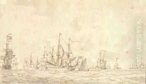 Dutch men o' war and smaller crafts offshore by Willem van de, the Elder Velde