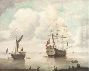 The flagship departing from her anchorage by Willem van de, the Elder Velde