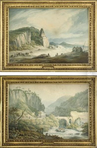 St. Cosimato And Remains Of The
Claudian Aqueduct: Situated On The River Anio, 10 Miles Above Tivoli, In
The Apennines
; And
Port Of Terracina, And Ruins Of Anticul Anxur, Situated On The Confines
Of The Roman Territories, Entering The Kingdom Of - view 1
