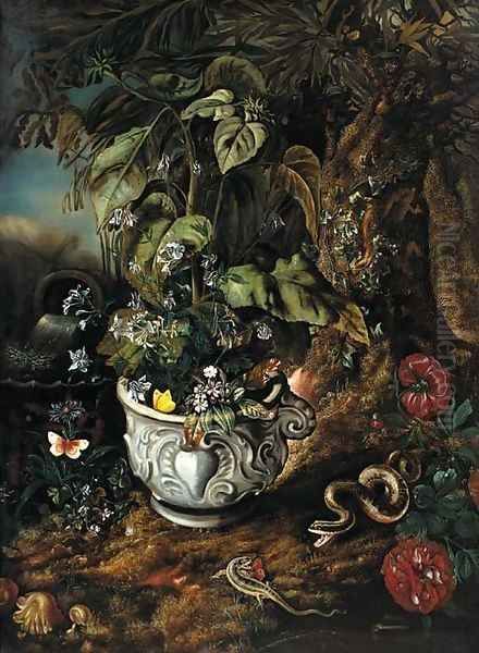 Flowers in a sculpted urn - view 1