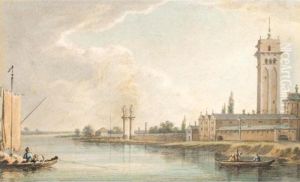 A Walled Town By A River In Italy; Boats On A River By A Town In Italy by John Warwick Smith