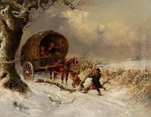 Snow Scene With Travellers Moving A Fallen Bough - view 1