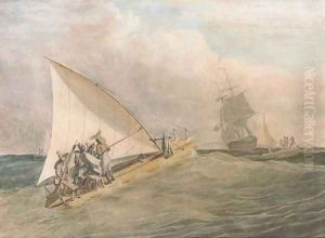Brazilian jungada (fishing craft) in Pernambuco Roads, with that harbour in the distance and the deserted City of Olinda by Emeric Essex Vidal