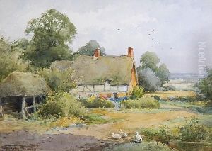 Geese Before A Thatched Cottage In Summer by Henry John Sylvester Stannard