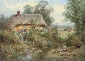 Two Children Sitting On A Riverbank Before A Thatched Cottage Two Children Sitting On A Riverbank Before A Thatched Cottage