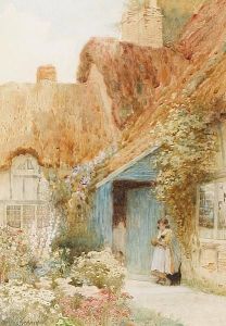 A Young Girl Outside A Cottage by Arthur Claude Strachan