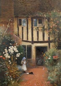 A Girl Feeding A Cat Outside A Cottage