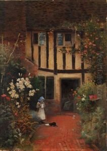 A Younggirl Feeding A Cat In A Cottage Garden