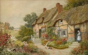 An English Country Garden With A Girl Outside A Thatched Cottage by Arthur Claude Strachan
