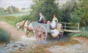 Horse And Cart With Figures On A Country Path, Crossing A Ford by Arthur Claude Strachan