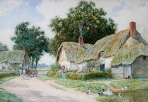 A Thatched Cottage On A Country Lane, With A Horse And Cart, And Ducks By A Pond