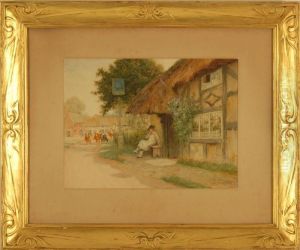Street Scene With A Tavern, A Seated Man, And Grazing Cows