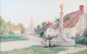 Village Scene With Figures And Ducks Before Thatched Cottages