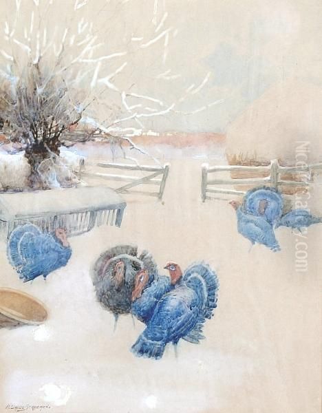 A Winter Snow Scene With Turkeys - view 1