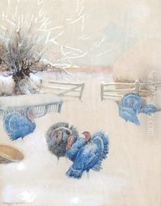 A Winter Snow Scene With Turkeys by Arthur Claude Strachan