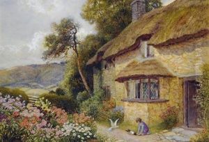 Feeding Pigeons At The Cottage Door by Arthur Claude Strachan
