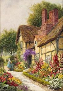 A Cottage Garden In Full Bloom With A Young Girl Standing By A Gate