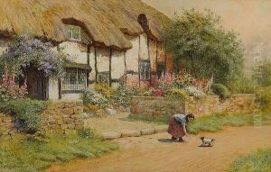 Befriending A Puppy Outside A Cottage Garden