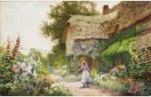 Watering The Flowers At Manor Cottage, Midhurst by Arthur Claude Strachan