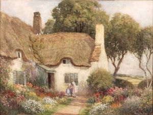 Three Girls Outside Athatched Roof Cottage by Arthur Claude Strachan