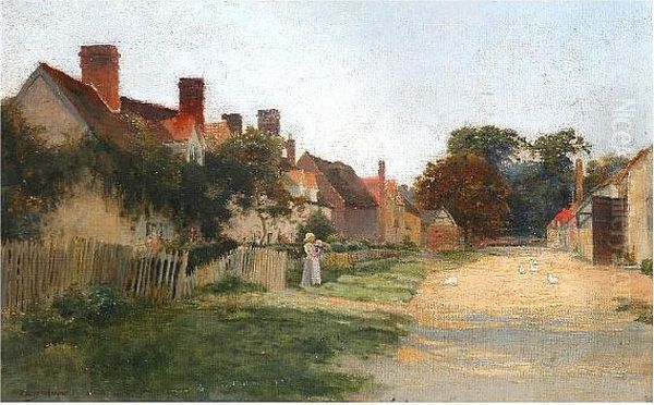Country Village Lane With Mother, Child And Geese - view 1