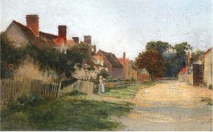Country Village Lane With Mother, Child And Geese by Arthur Claude Strachan