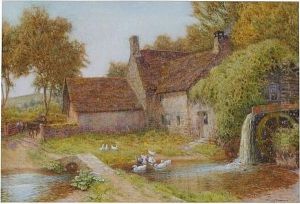 Maid Feeding Doves Before A Thatched Cottage; And Another, An Old Watermill, With Ducks