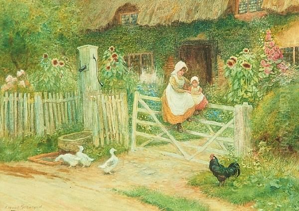 Mother And Child Seated On The Cottage Gate - view 1