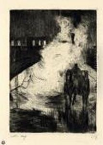 "nachtliche Impression (mit Droschke Vor Lokomotivendampf)". 1924 by Lesser Ury