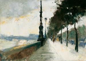 Waterloo-brucke Bei Durchbrechender Sonne by Lesser Ury