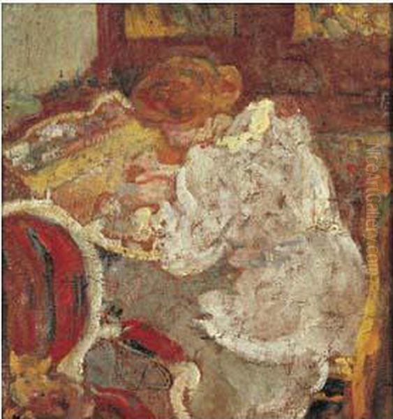 Femme A La Robe Blanche Faisant De La Tapisserie - view 1