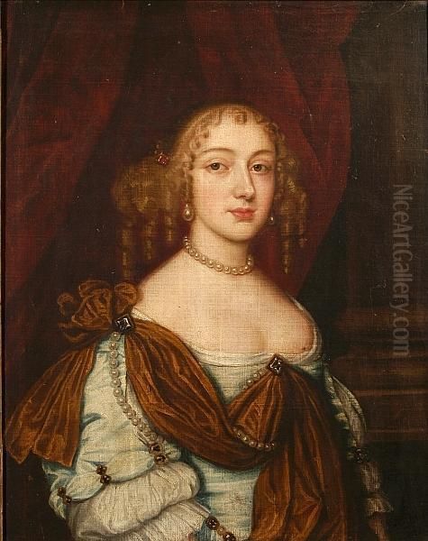 A Portrait Of A Young Lady
Wearing A White Gown, Red Sash And Pearls Before A Red Curtain - view 1