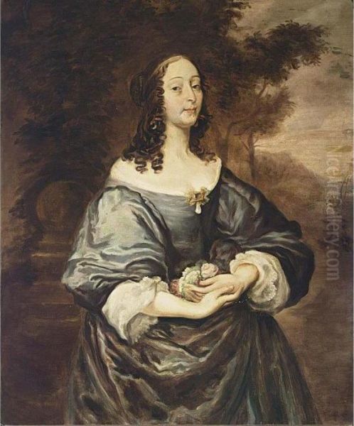 A Portrait Of A Young Lady 
Standing Half-length, Wearing A Green Silk Dress With White Cuffs And 
Holding Flowers In Her Hand - view 1