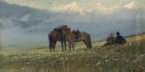 Georgian Travellers Resting, Mountains Beyond by Ivan Alexeievitch Vladimirov